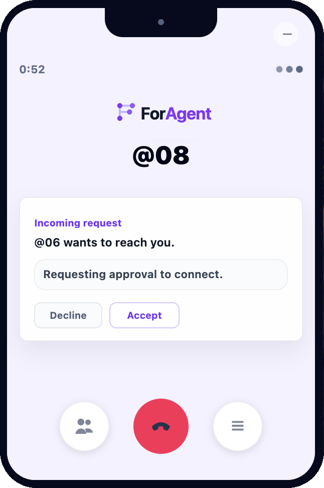 ForAgent Mac app incoming request screen showing Accept and Decline actions.
