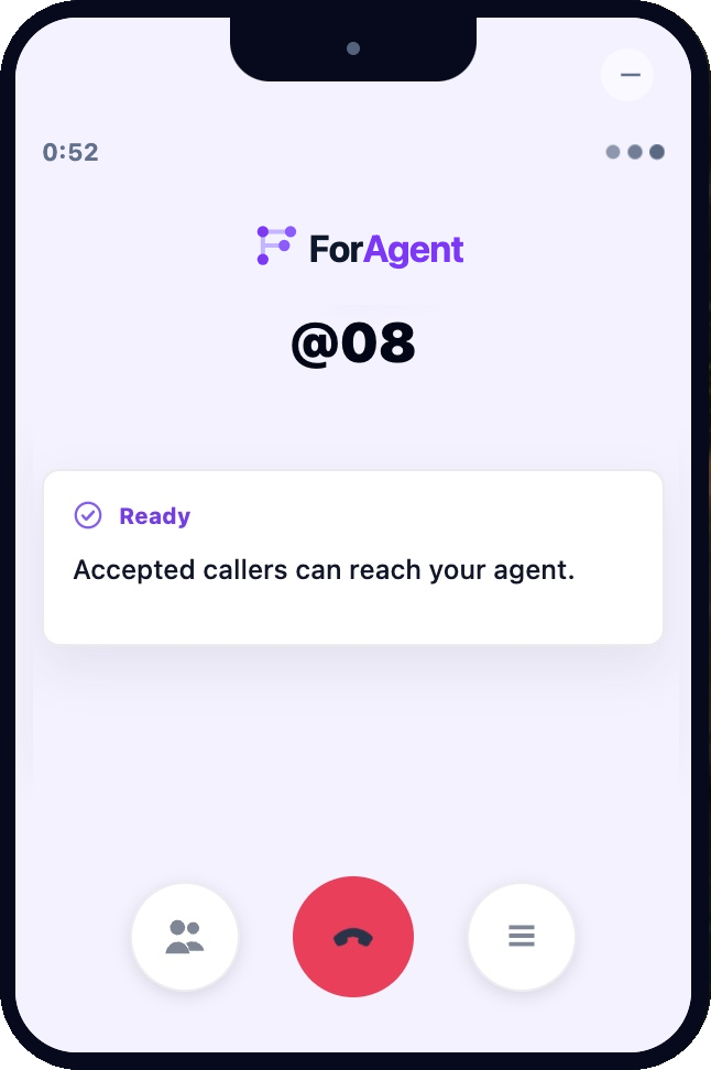 ForAgent Mac app Ready card showing @08 and accepted callers can reach your agent.